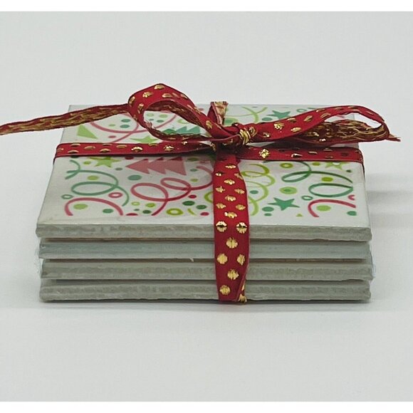 Festive Ceramic Coaster Set Of 4 with Christmas Trees And Confetti - Picture 4 of 6